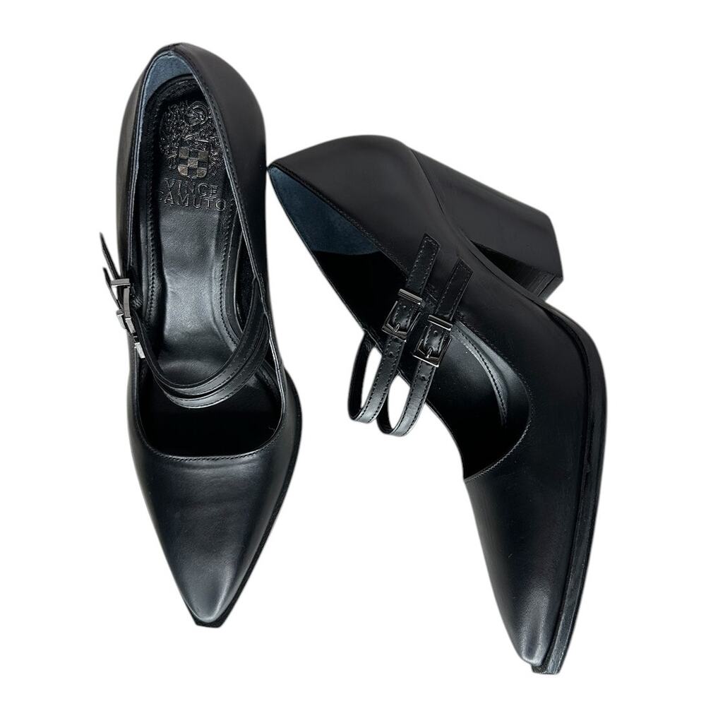Vince Camuto Dahlein Block Black Leather Heel Point Toe Heels Pumps Size 8 - Picture 3 of 11